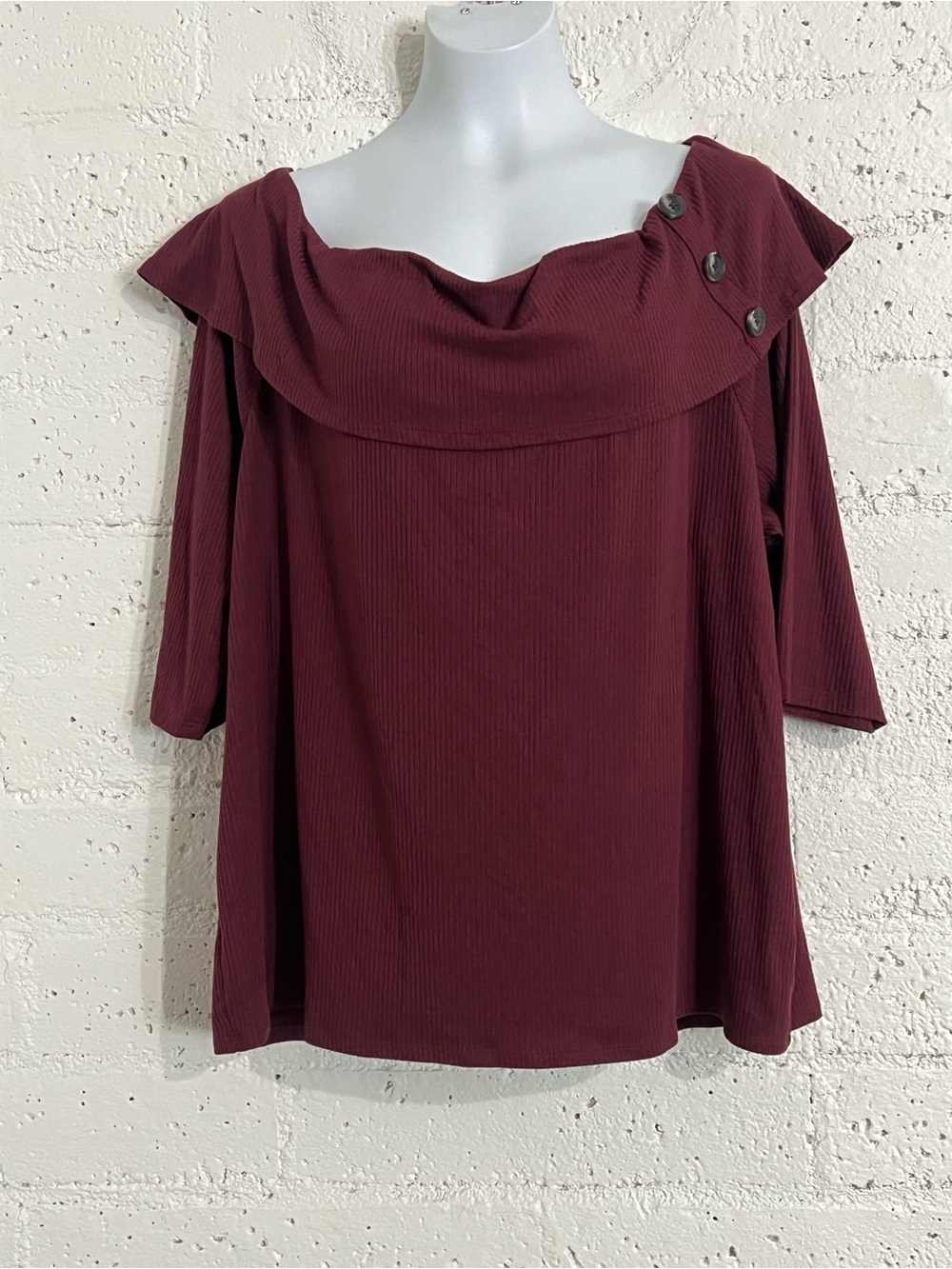 Lane Bryant Plus Top 22/24 Burgundy Off Shoulder Ribbed 1/2 Sleeve Button Detail